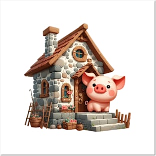 Cute Little Piggy in a house made of stone Posters and Art